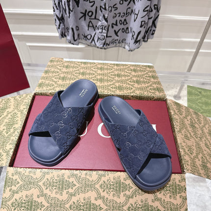 GG SLIDES IN NAVY BLUE SUEDE WITH EMBOSSED LOGO STYLE 10