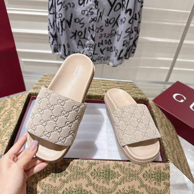 GG SLIDES IN NUDE BEIGE SUEDE WITH EMBOSSED LOGO STYLE 2