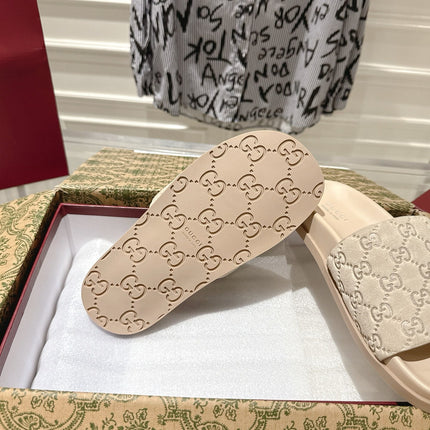 GG SLIDES IN NUDE BEIGE SUEDE WITH EMBOSSED LOGO STYLE 2