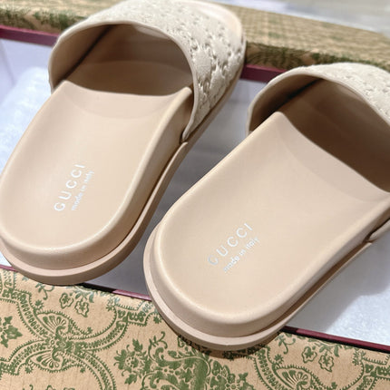 GG SLIDES IN NUDE BEIGE SUEDE WITH EMBOSSED LOGO STYLE 2