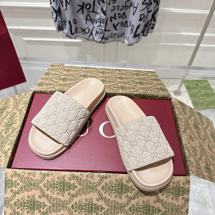 GG SLIDES IN NUDE BEIGE SUEDE WITH EMBOSSED LOGO STYLE 2