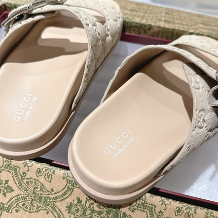 SANDALS IN NUDE BEIGE SUEDE EMBOSSED LOGO SILVER HARDWARE