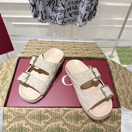 SANDALS IN NUDE BEIGE SUEDE EMBOSSED LOGO SILVER HARDWARE