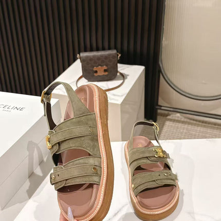 CELINE 25S TIPPI TRIOMPHE SANDAL IN DARK OLIVE CALFSKIN SUEDE