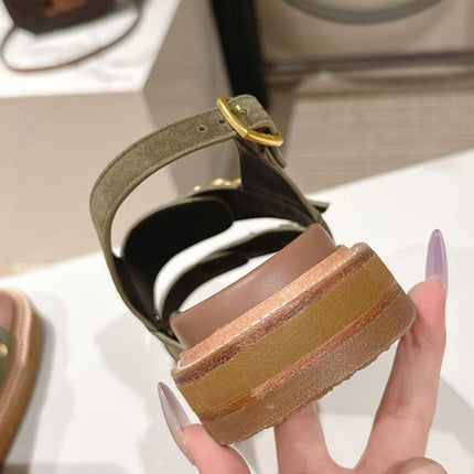 CELINE 25S TIPPI TRIOMPHE SANDAL IN DARK OLIVE CALFSKIN SUEDE