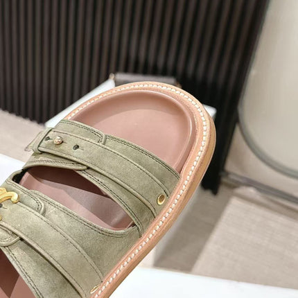 CELINE 25S TIPPI TRIOMPHE SANDAL IN DARK OLIVE CALFSKIN SUEDE