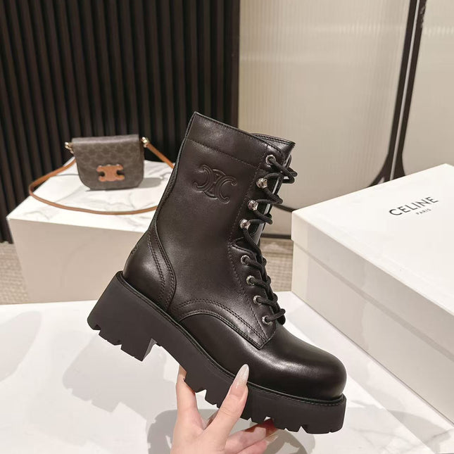 CELINE 25S HIGH HEELED LACE UP BOOTS 50MM IN BLACK CALFSKIN