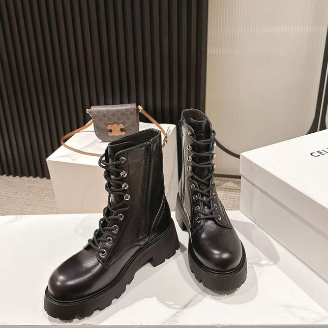 CELINE 25S HIGH HEELED LACE UP BOOTS 50MM IN BLACK CALFSKIN