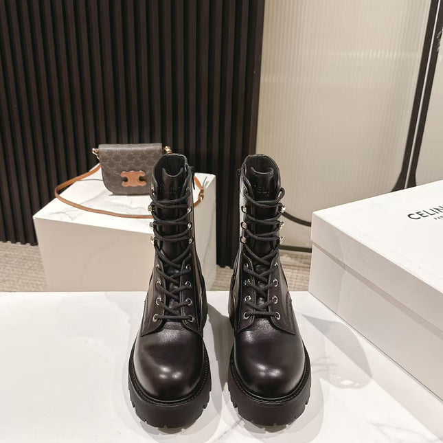 CELINE 25S HIGH HEELED LACE UP BOOTS 50MM IN BLACK CALFSKIN
