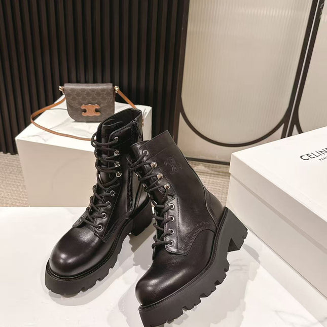 CELINE 25S HIGH HEELED LACE UP BOOTS 50MM IN BLACK CALFSKIN