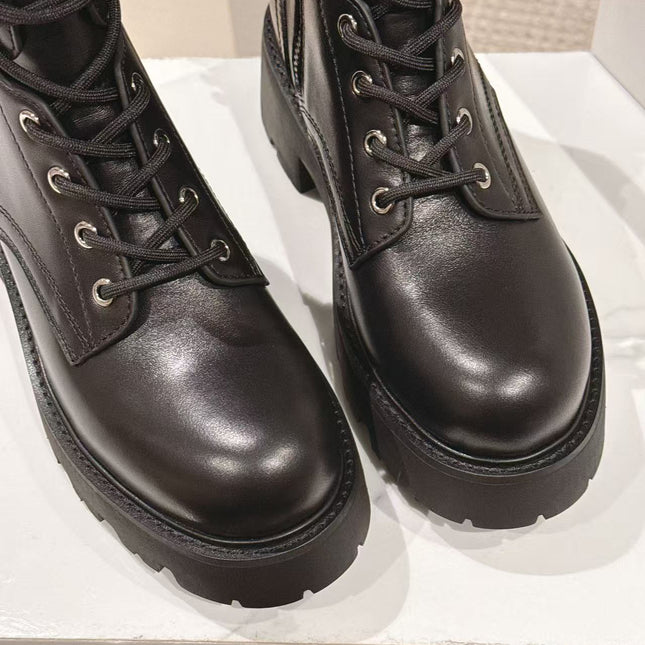 CELINE 25S HIGH HEELED LACE UP BOOTS 50MM IN BLACK CALFSKIN