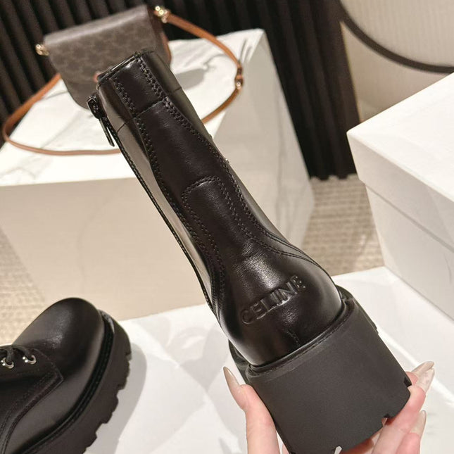 CELINE 25S HIGH HEELED LACE UP BOOTS 50MM IN BLACK CALFSKIN