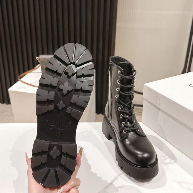 CELINE 25S HIGH HEELED LACE UP BOOTS 50MM IN BLACK CALFSKIN