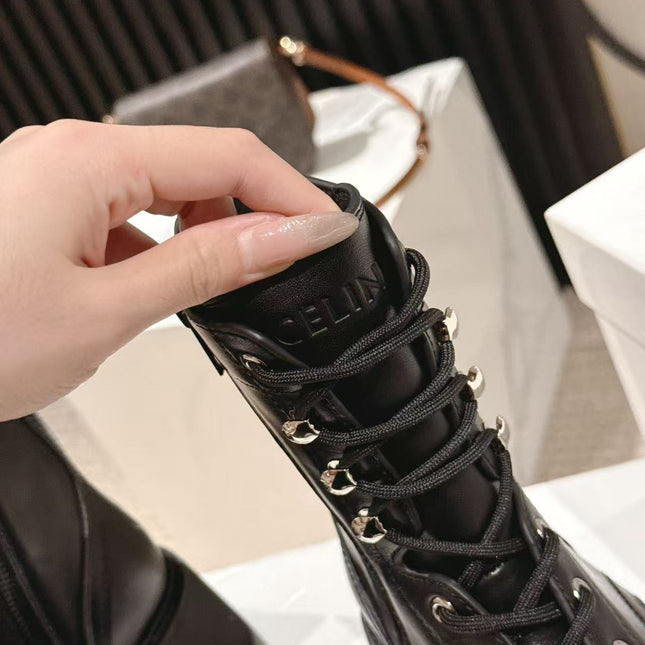 CELINE 25S HIGH HEELED LACE UP BOOTS 50MM IN BLACK CALFSKIN