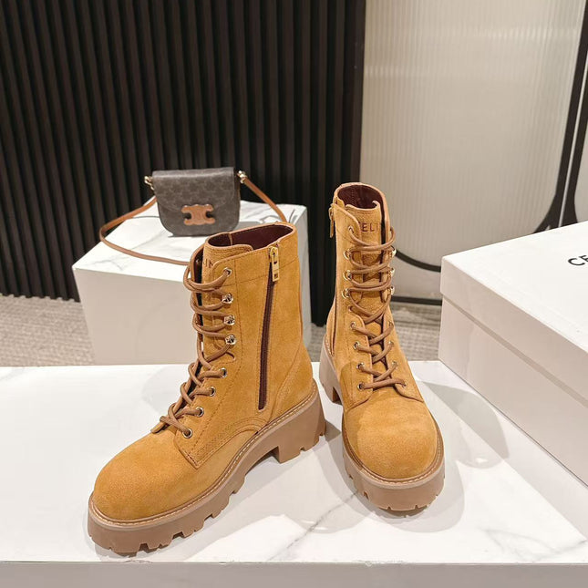 CELINE 25S HIGH HEELED LACE UP BOOTS 50MM IN DARK ORANGE SUEDE