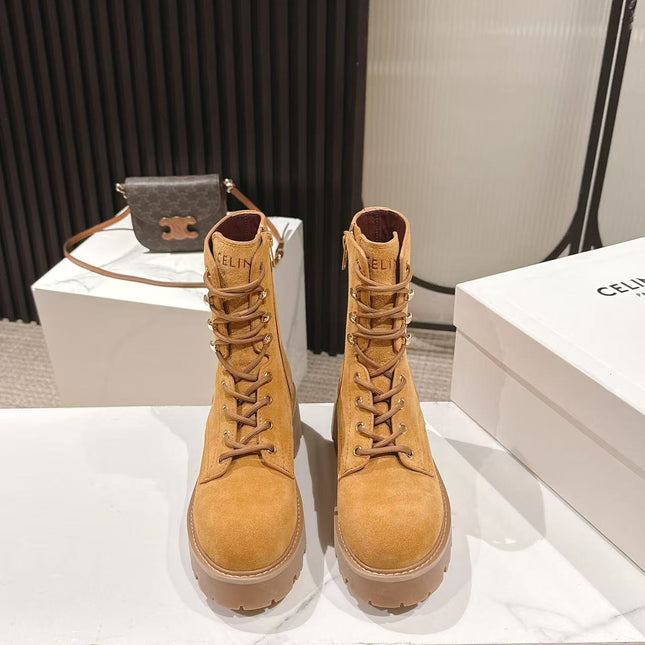 CELINE 25S HIGH HEELED LACE UP BOOTS 50MM IN DARK ORANGE SUEDE