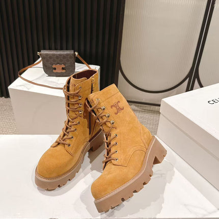 CELINE 25S HIGH HEELED LACE UP BOOTS 50MM IN DARK ORANGE SUEDE