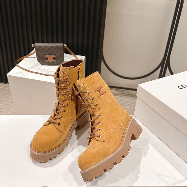 CELINE 25S HIGH HEELED LACE UP BOOTS 50MM IN DARK ORANGE SUEDE