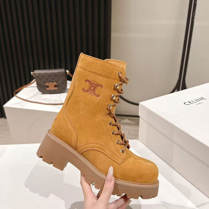 CELINE 25S HIGH HEELED LACE UP BOOTS 50MM IN DARK ORANGE SUEDE