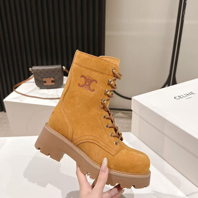 CELINE 25S HIGH HEELED LACE UP BOOTS 50MM IN DARK ORANGE SUEDE