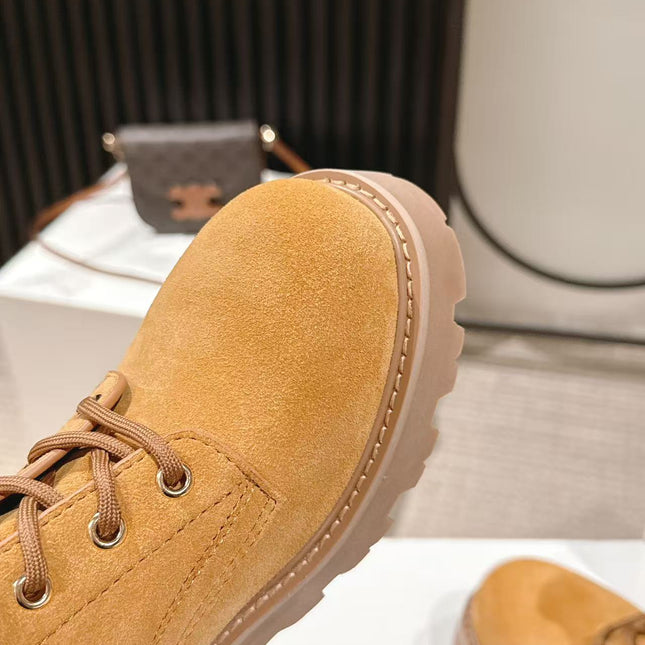 CELINE 25S HIGH HEELED LACE UP BOOTS 50MM IN DARK ORANGE SUEDE