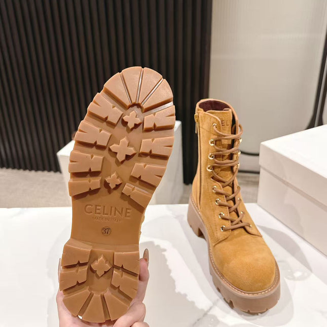 CELINE 25S HIGH HEELED LACE UP BOOTS 50MM IN DARK ORANGE SUEDE