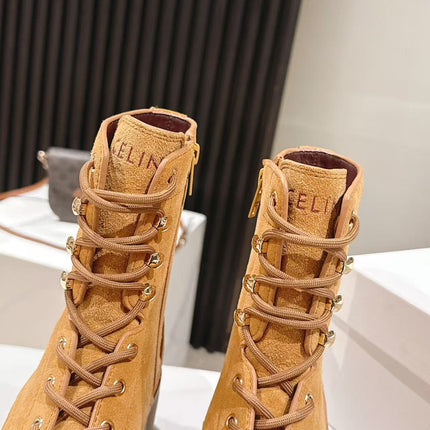 CELINE 25S HIGH HEELED LACE UP BOOTS 50MM IN DARK ORANGE SUEDE