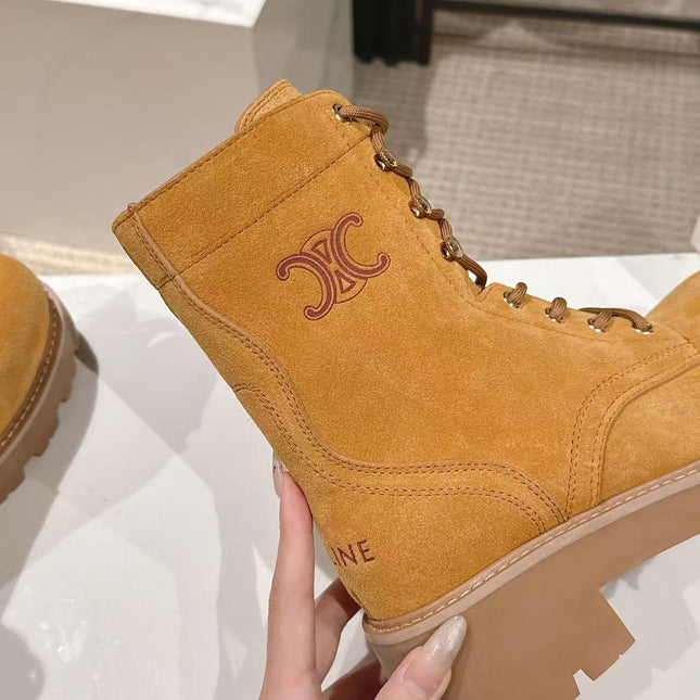 CELINE 25S HIGH HEELED LACE UP BOOTS 50MM IN DARK ORANGE SUEDE