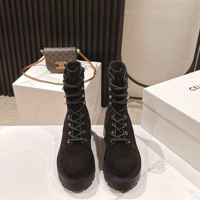 CELINE 25S HIGH HEELED LACE UP BOOTS 50MM IN BLACK SUEDE