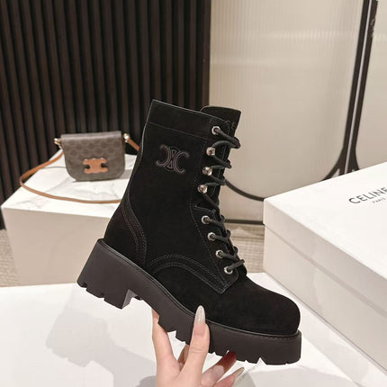 CELINE 25S HIGH HEELED LACE UP BOOTS 50MM IN BLACK SUEDE