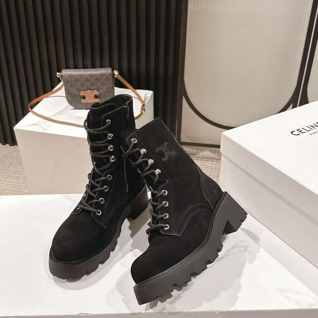 CELINE 25S HIGH HEELED LACE UP BOOTS 50MM IN BLACK SUEDE