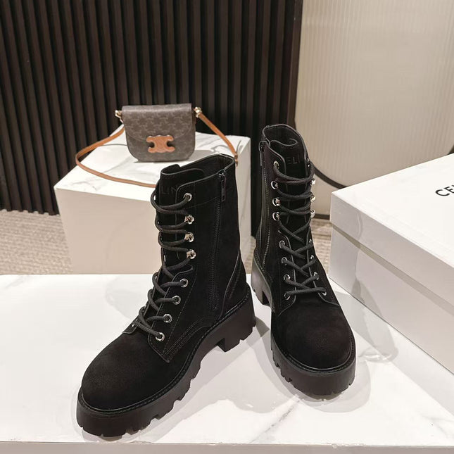 CELINE 25S HIGH HEELED LACE UP BOOTS 50MM IN BLACK SUEDE