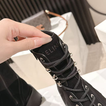 CELINE 25S HIGH HEELED LACE UP BOOTS 50MM IN BLACK SUEDE