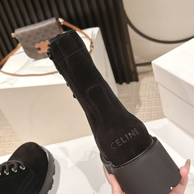 CELINE 25S HIGH HEELED LACE UP BOOTS 50MM IN BLACK SUEDE