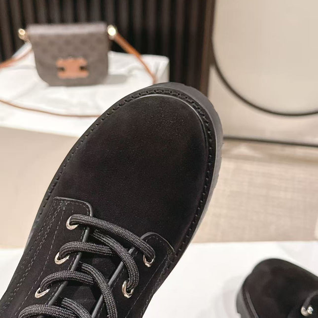 CELINE 25S HIGH HEELED LACE UP BOOTS 50MM IN BLACK SUEDE