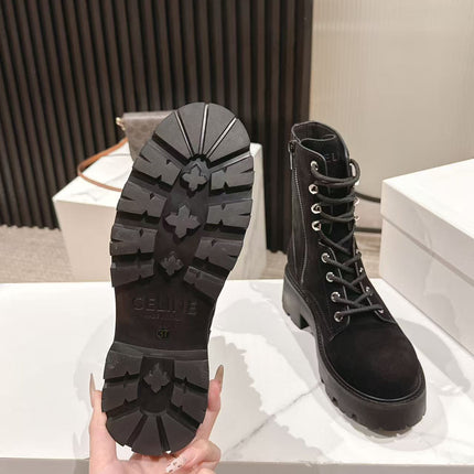 CELINE 25S HIGH HEELED LACE UP BOOTS 50MM IN BLACK SUEDE