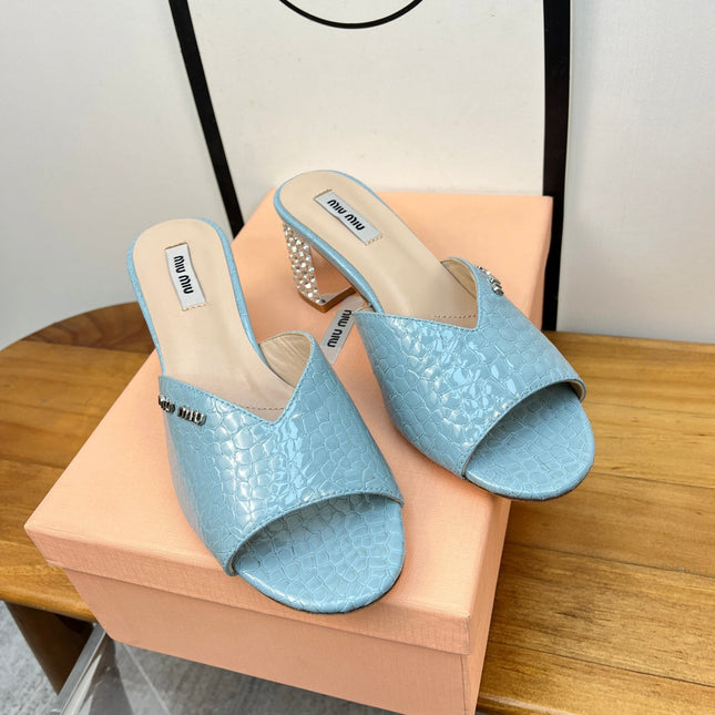 JEWELLED HEEL 55 MULE SANDALS IN LIGHT BLUE CALFSKIN