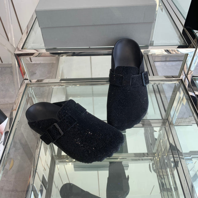 BIRKENSTOCK CLOG ATTACHED RHINESTONES IN BLACK CALFSKIN