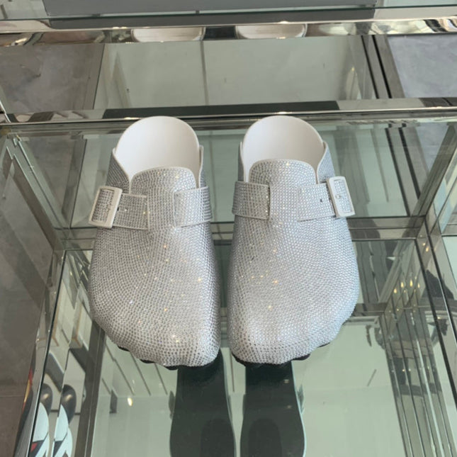 BIRKENSTOCK CLOG ATTACHED RHINESTONES IN WHITE CALFSKIN