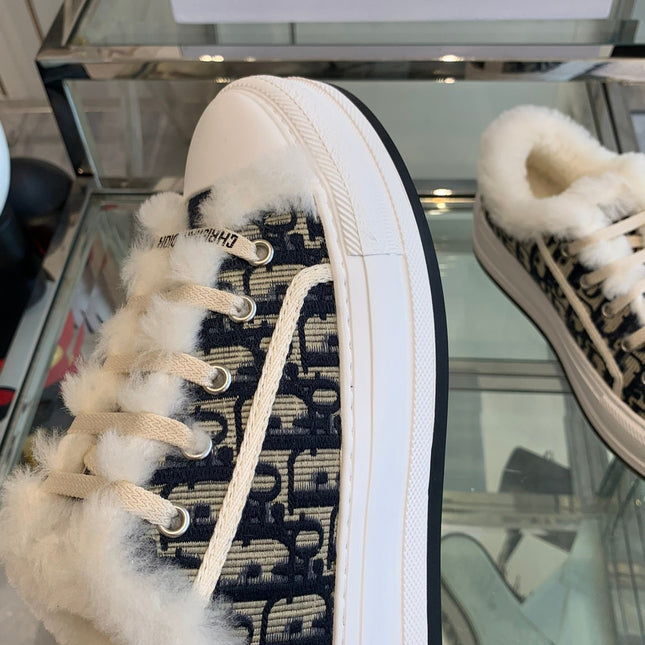 ALK'N PLATFORM SNEAKER CAMEL BROWN COTTON EMBROIDERED WITH OBLIQUE MOTIF AND WHITE SHEARLING