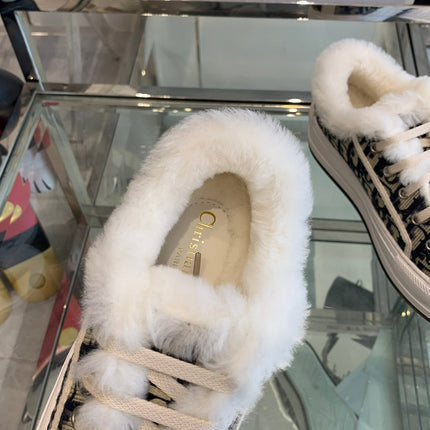 ALK'N PLATFORM SNEAKER CAMEL BROWN COTTON EMBROIDERED WITH OBLIQUE MOTIF AND WHITE SHEARLING