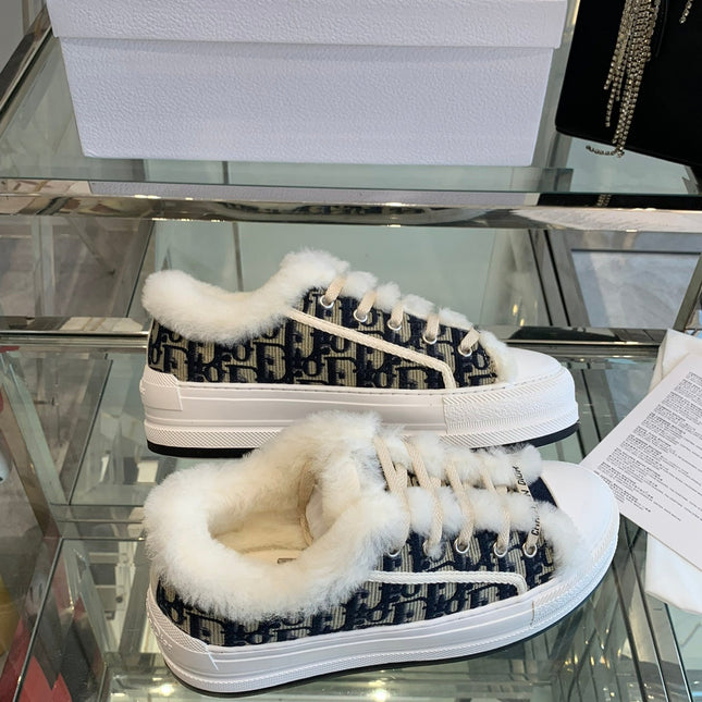 ALK'N PLATFORM SNEAKER CAMEL BROWN COTTON EMBROIDERED WITH OBLIQUE MOTIF AND WHITE SHEARLING