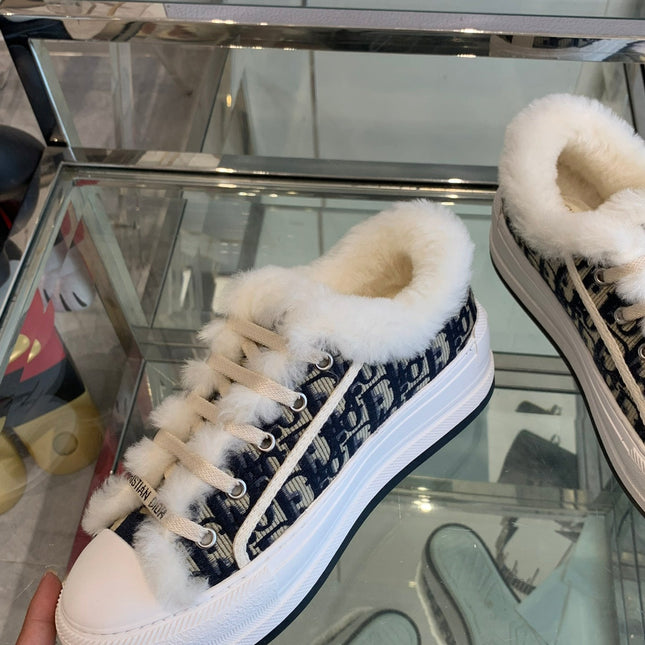 ALK'N PLATFORM SNEAKER CAMEL BROWN COTTON EMBROIDERED WITH OBLIQUE MOTIF AND WHITE SHEARLING