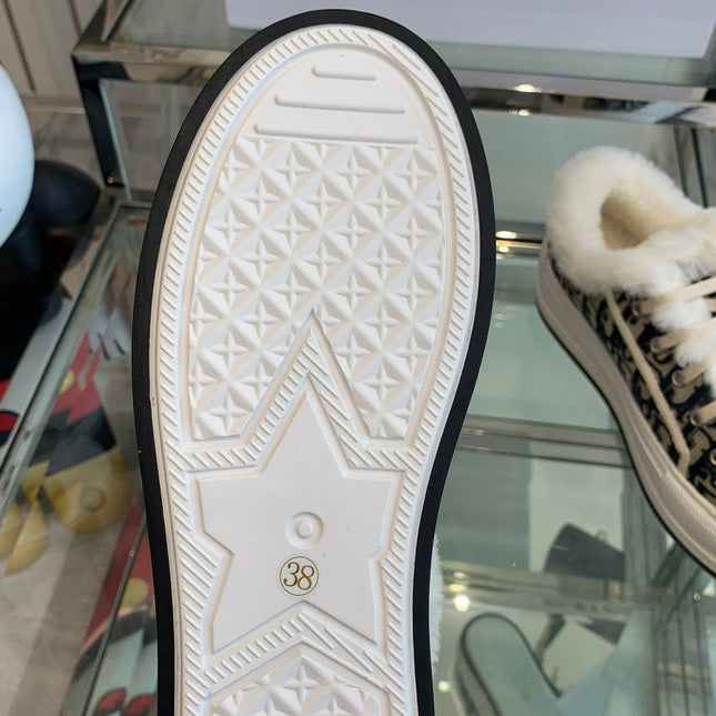 ALK'N PLATFORM SNEAKER CAMEL BROWN COTTON EMBROIDERED WITH OBLIQUE MOTIF AND WHITE SHEARLING