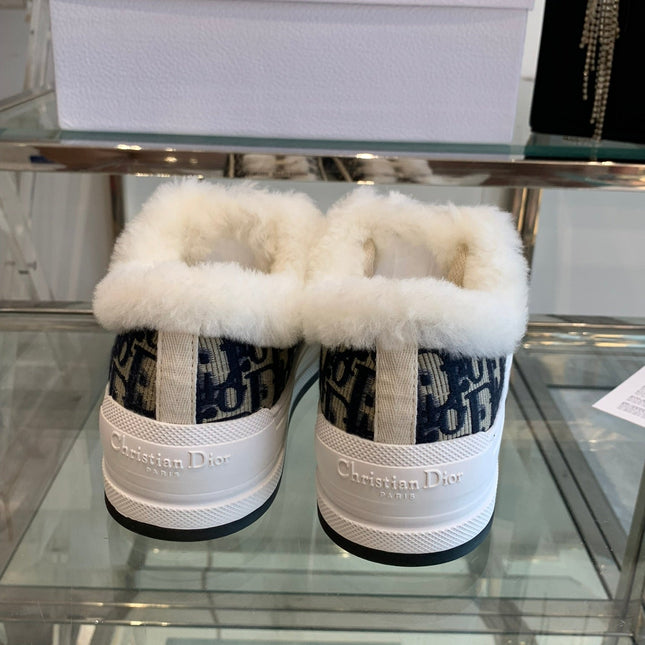 ALK'N PLATFORM SNEAKER CAMEL BROWN COTTON EMBROIDERED WITH OBLIQUE MOTIF AND WHITE SHEARLING