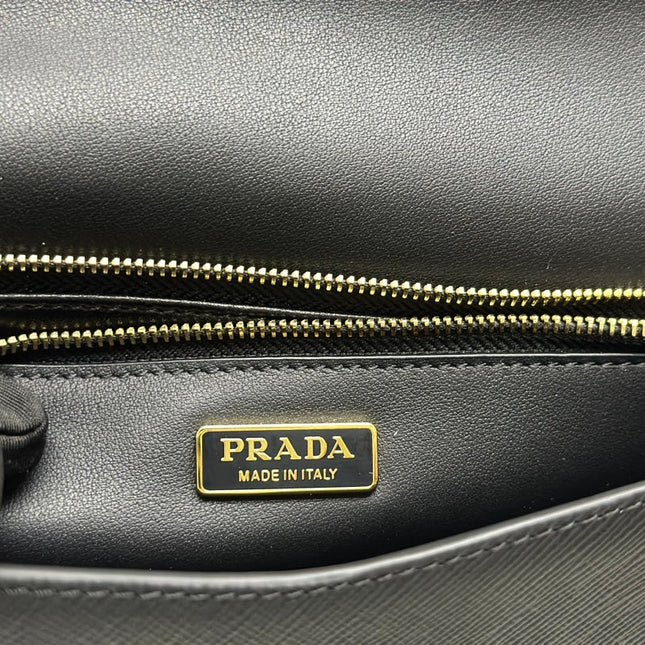 PRADA 25S SAFFIANO SHOULDER BAG 21 IN BLACK CALFSKIN GOLD HARDWARE