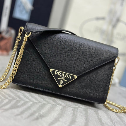 PRADA 25S SAFFIANO SHOULDER BAG 21 IN BLACK CALFSKIN GOLD HARDWARE