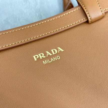 PRADA 25S BUCKLE MEDIUM HANDBAG 35 IN DARK CARAMEL CALFSKIN GOLD HARDWRE