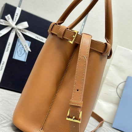 PRADA 25S BUCKLE MEDIUM HANDBAG 35 IN DARK CARAMEL CALFSKIN GOLD HARDWRE