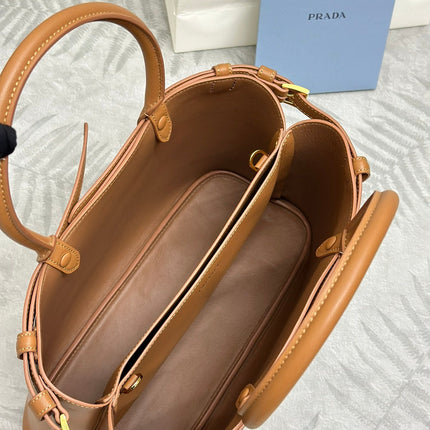 PRADA 25S BUCKLE MEDIUM HANDBAG 35 IN DARK CARAMEL CALFSKIN GOLD HARDWRE